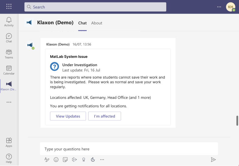 Klaxon Software - Klaxon MS Teams Bot - communicating incidents with the tool your staff are familiar with