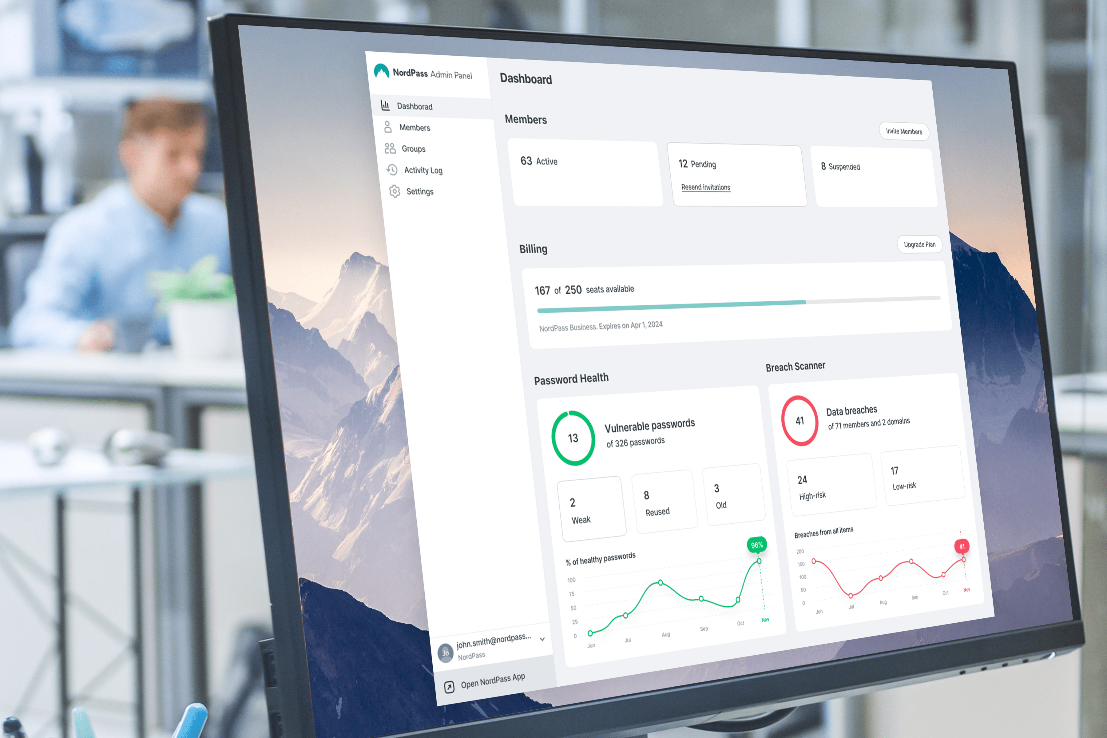 Security dashboard - Get insight into domain breaches and identify weak, old, or reused passwords with the Password Health feature within your company.