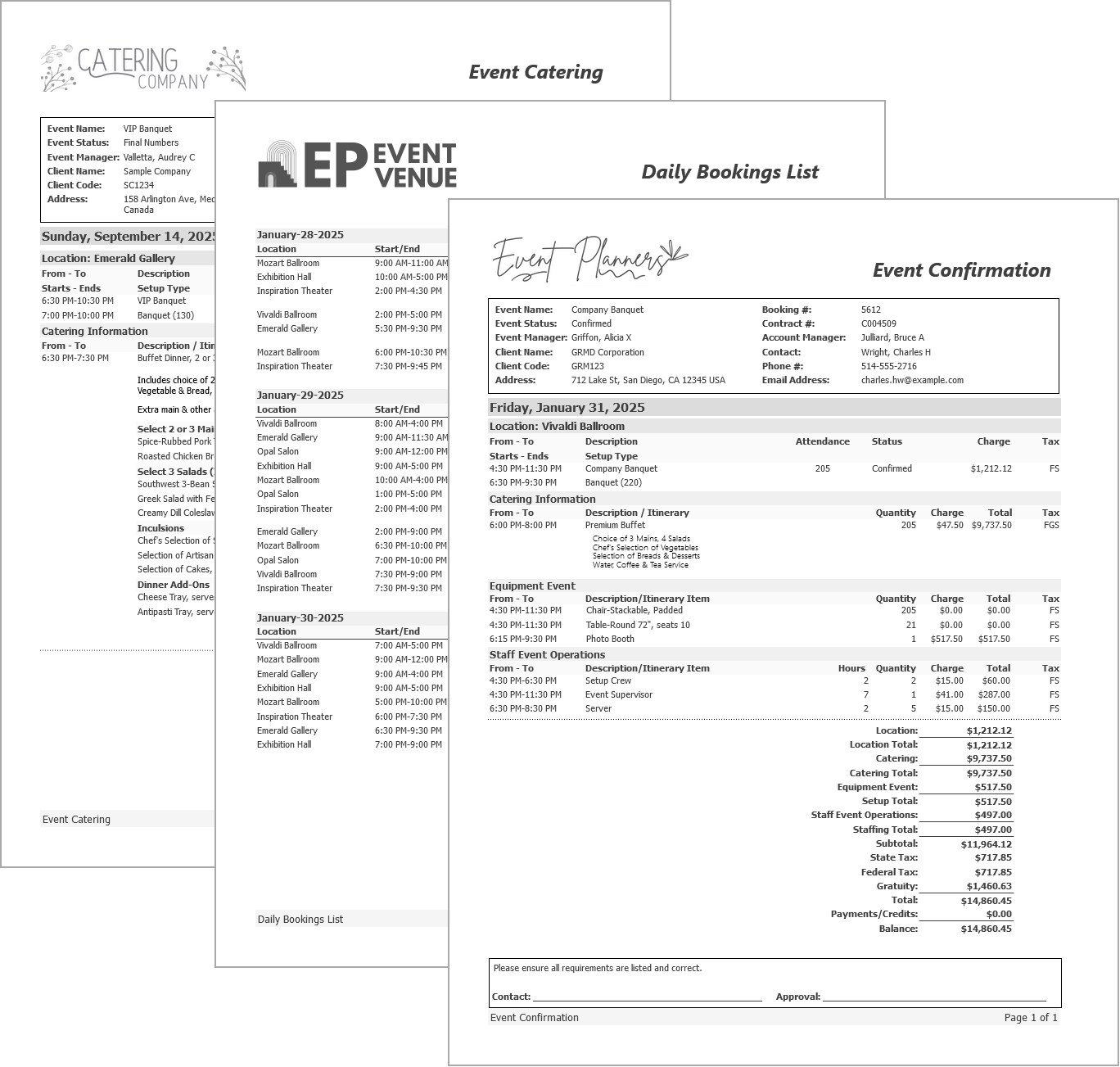 EventPro Reports: Just a few examples of EventPro’s many included, professionally designed reports. Simply add your logo, or further customize reports with the Report Designer. Print, save to file, or email reports directly from EventPro.