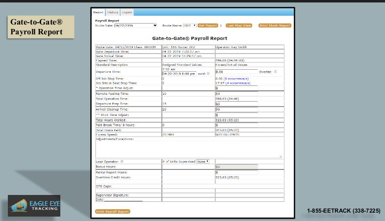 With Gate to Gate payroll reports, easily identify jobs completed for more timely and accurate billing.  Conveniently, Eagle Eye Tracking Software seamlessly integrates with your existing billing and payroll service.