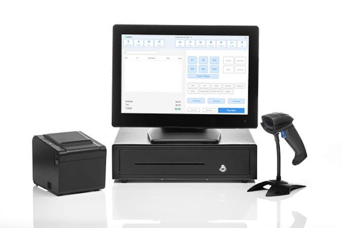 POS Nation screenshot: All in one touch screen monitor, receipt printer, barcode scanner, cash drawer powered by POS Nation point of sale software.