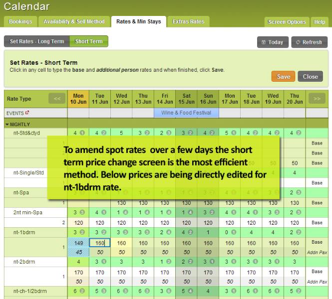 iBex PMS Software - The short term price change screen offers the most efficient method for amending spot rates