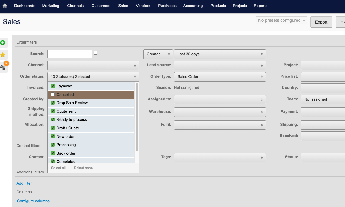 Brightpearl Software - Brightpearl sorting and filtering options within all the reports