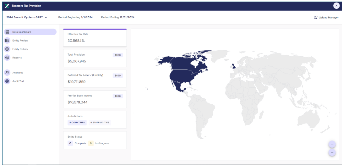 Exactera Tax Provision screenshot: An easy-to-read dashboard provides key KPIs, by country.  Via an interactive world map and a menu of selections, you can quickly see country-specific data, including ETRs and the net DTA (DTL) position. 