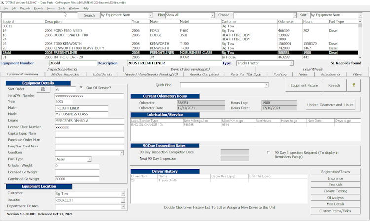TATEMS screenshot: TATEMS Equipment Summary Tab 