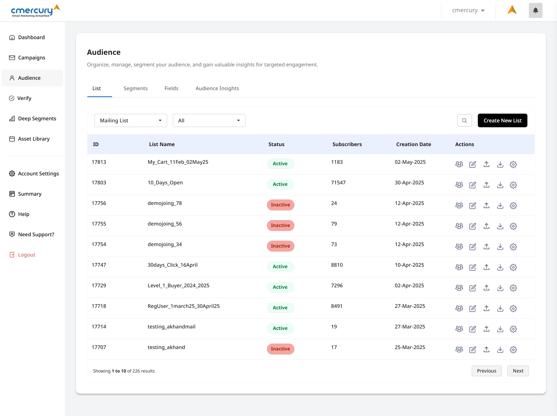 cmercury Software - The Audience page in cmercury gives you a complete view of your subscribers. Manage lists, view subscriber details, filter by engagement or custom fields, and segment your audience for targeted campaigns—all in one streamlined dashboard.