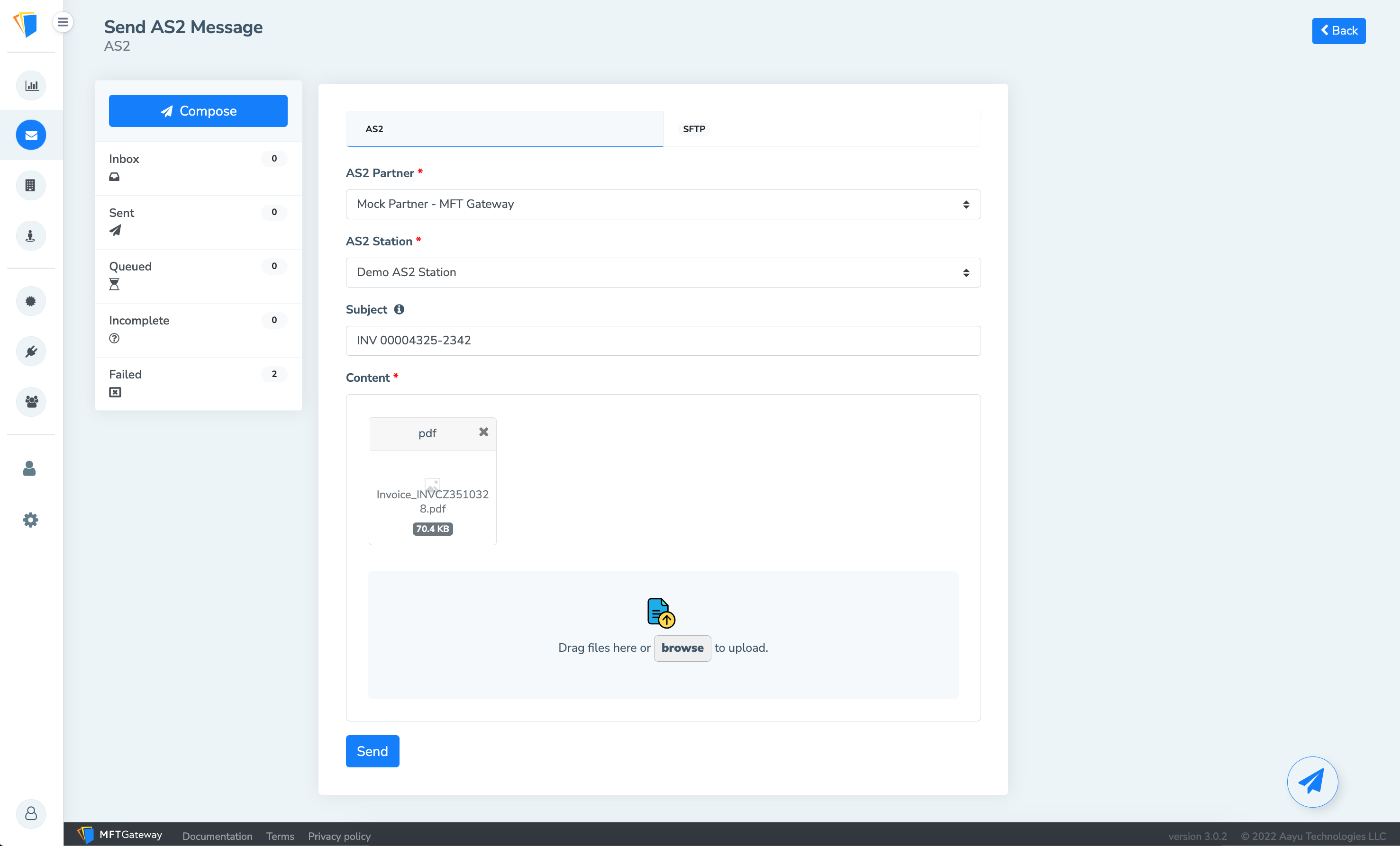 MFT Gateway screenshot: MFT Gateway send AS2 message