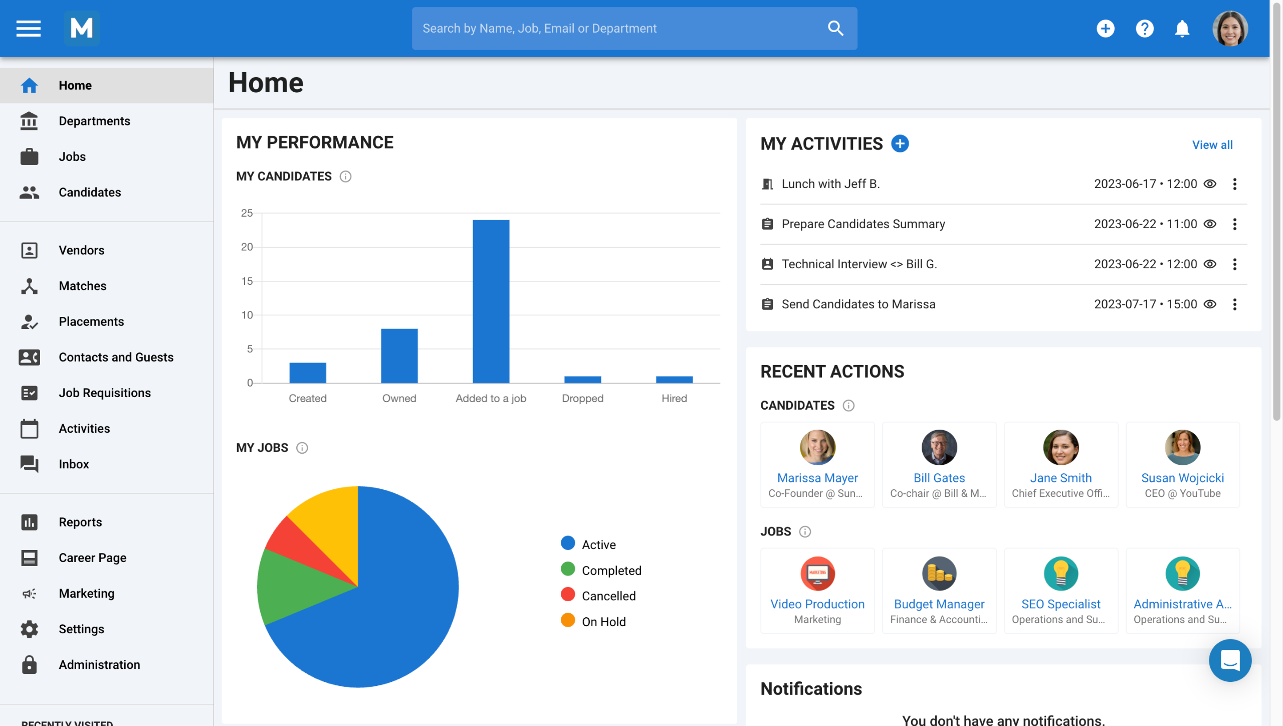 The Manatal dashboard is fully customizable and gives users an overview of activity and notifications.