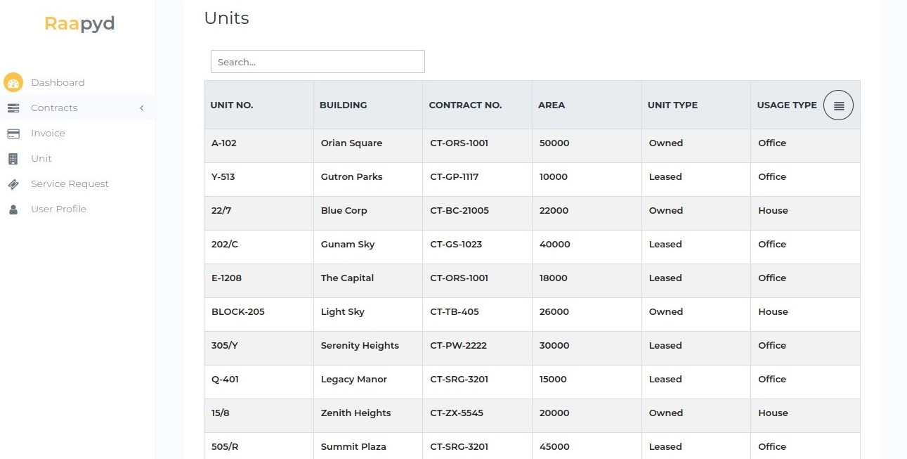 Raapyd Real Estate Management screenshot: Raapyd Real Estate Management manage contracts and units