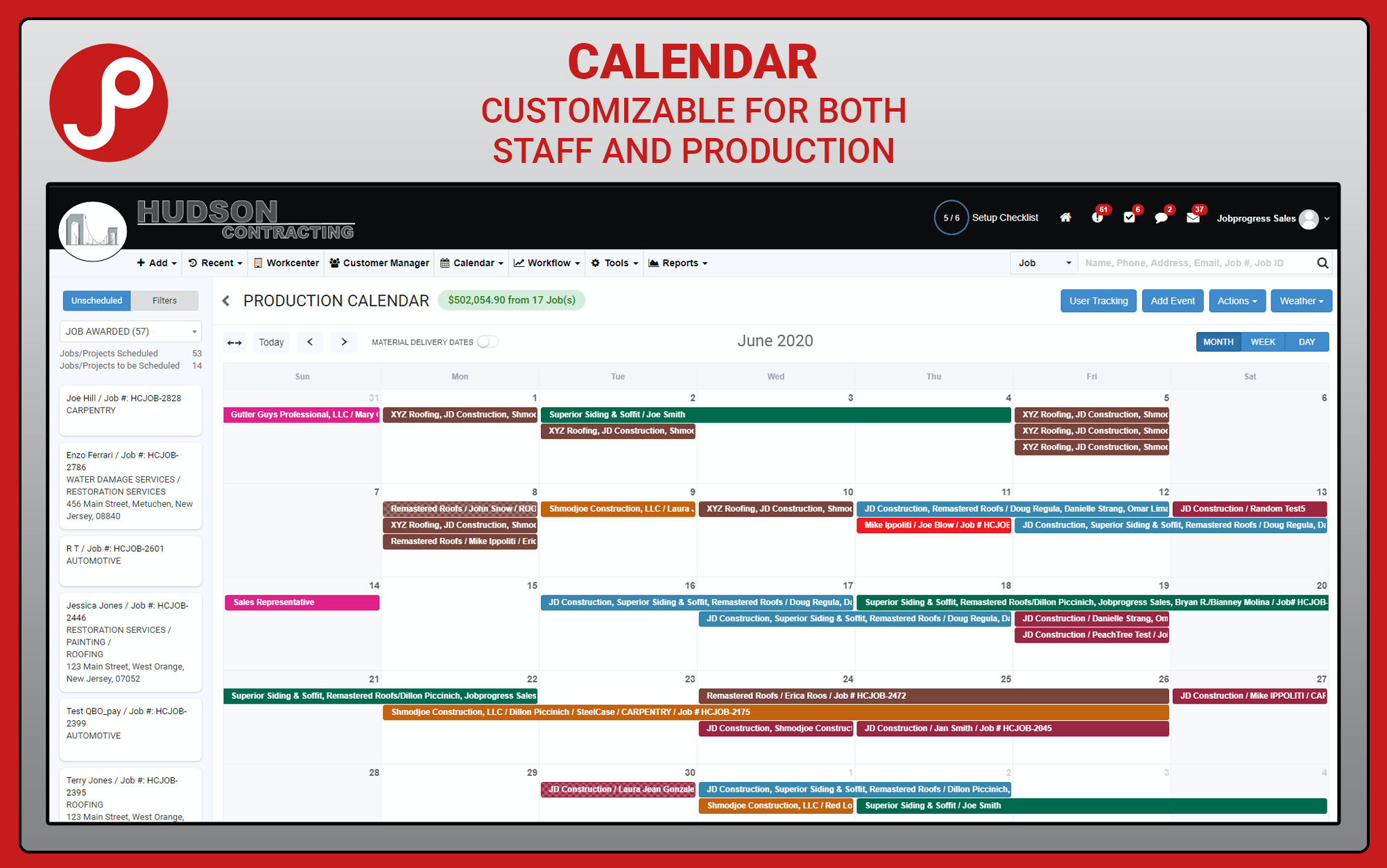 JOBPROGRESS Software - Use both the Staff Calendar and the Production Calendar to organize and color code your upcoming activity.