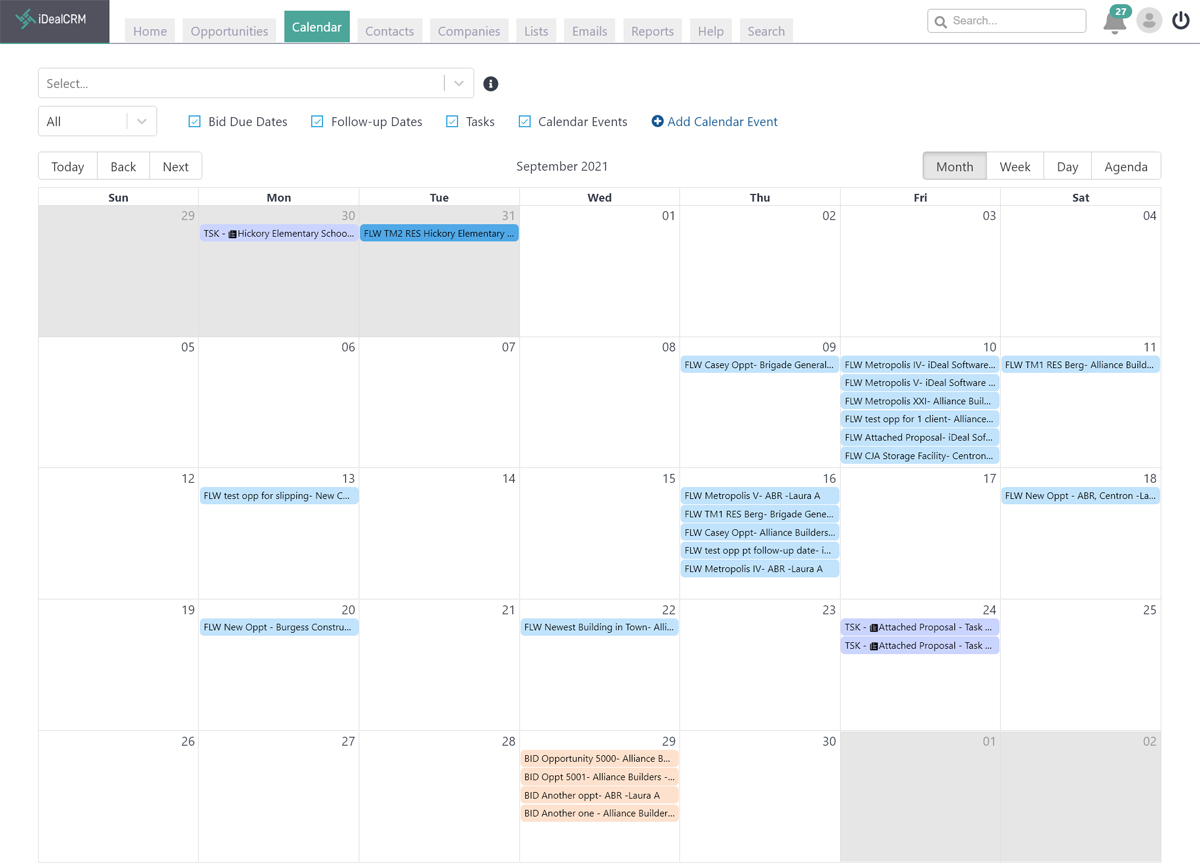 Construction Calendar - All bids, follow-ups, tasks, meetings, events on one calendar; An overall view of all jobs you need to bid, proposals to follow-up on, tasks you need to complete, and events you need to attend.