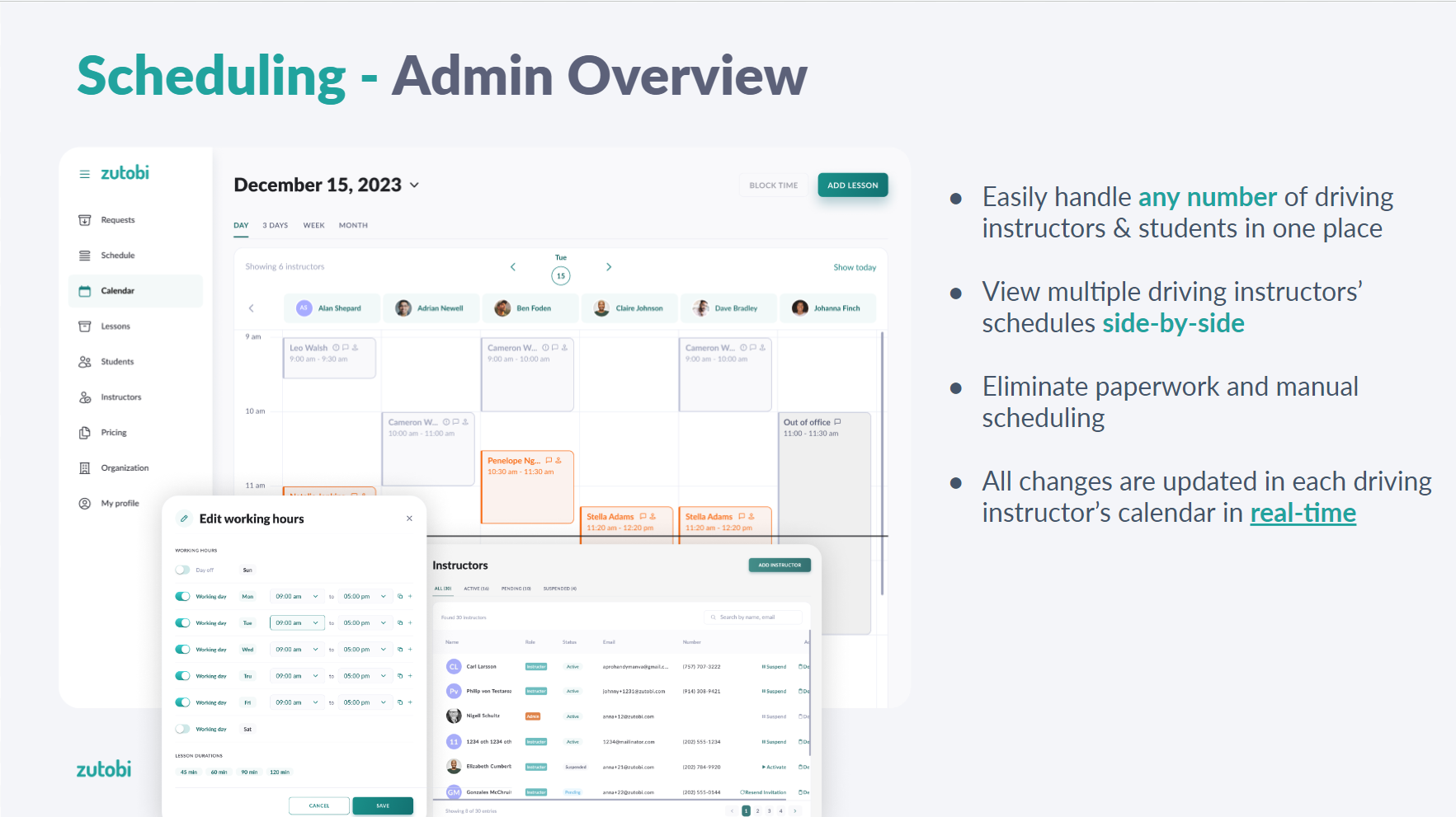 Zutobi Instructor Software - An Admin/Owner/Manager Overview of All Instructor Schedules