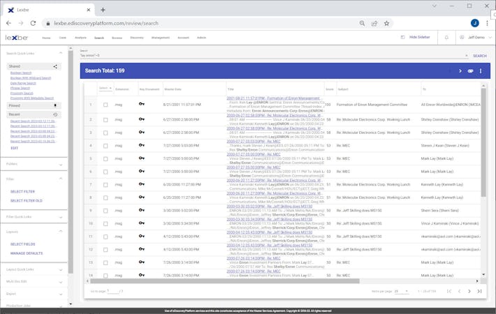 Lexbe eDiscovery Platform screenshot: Search Term Reports: the Lexbe eDiscovery Platform (LEP) offers comprehensive, multi-index search methods to search for specific documents across an entire case using various search options (e.g., Boolean, wildcard, fuzzy, proximity, and metadata search).