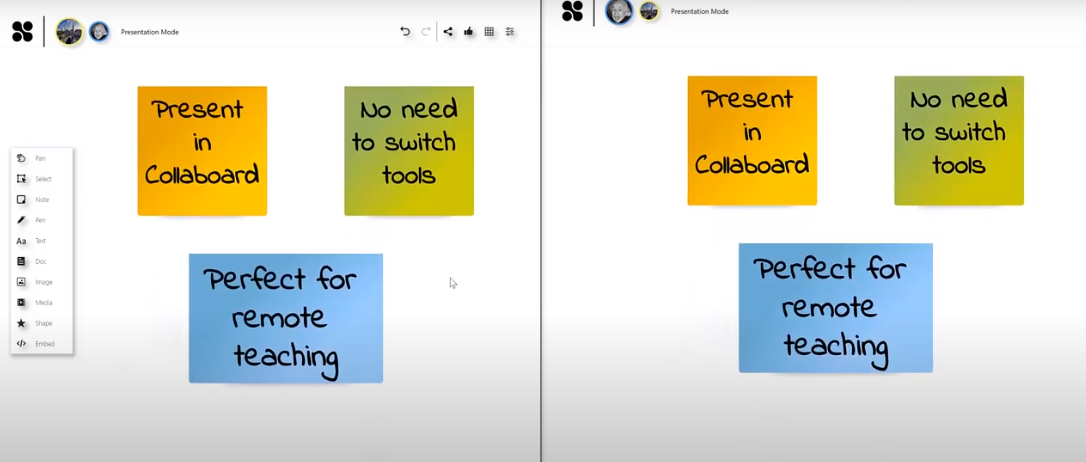All follow in the presentation mode: This is similar to a "Follow me" functionality. In presentation mode, all people on a board follow the actions of the presenter and his mouse pointer severs as a laser pointer.