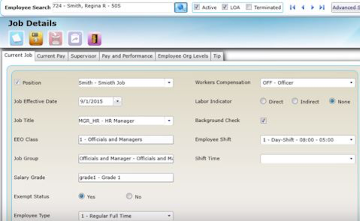EBSPaySuite screenshot: Employee job details are stored in the central database