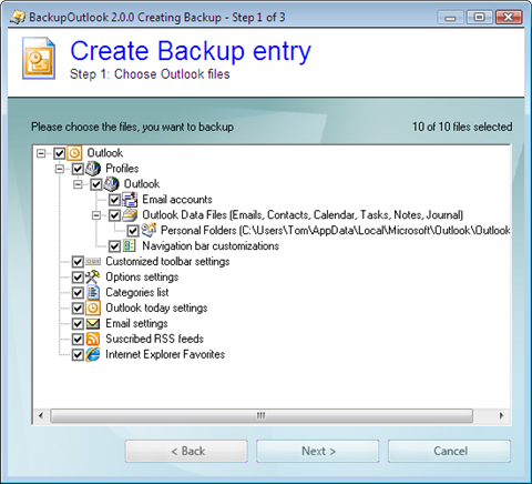 BackupOutlook screenshot: BackupOutlook backup creation