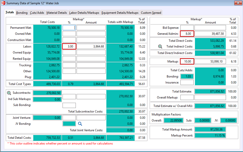 The SharpeSoft - Estimator summary sheet allows you to see totals of all cost types. Mark up by % or $ amount add bonds and subcontractor mark up so you can bid exactly the way you want. You have the ability to save and store markup data.