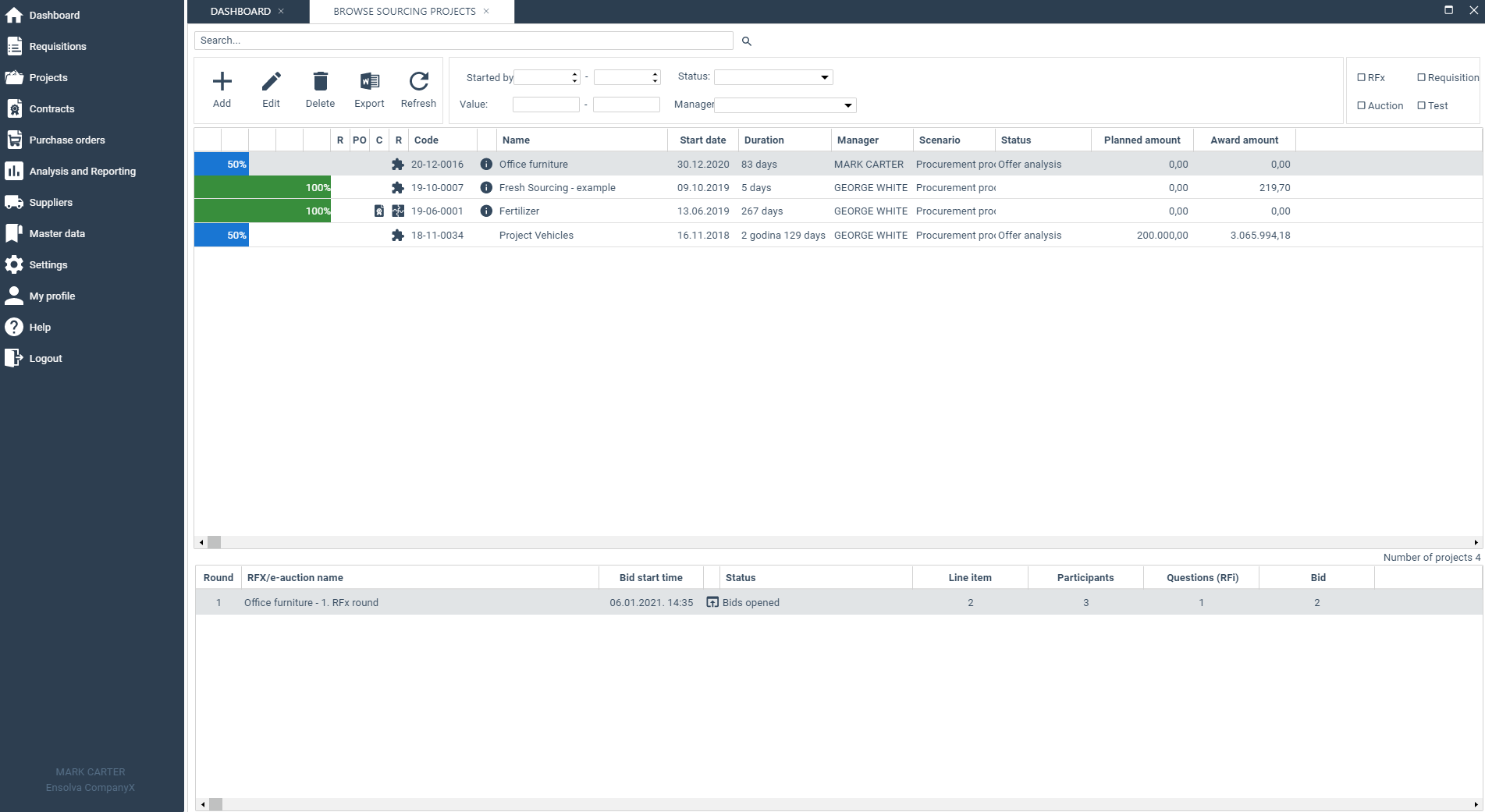 The subsystem integrates everything that is necessary for the implementation of the procurement process. Highlights: management of data related to every procurement task: documentation, reports, RFQ, RFX, eAuction, collection of bids, price analysis.-thumb