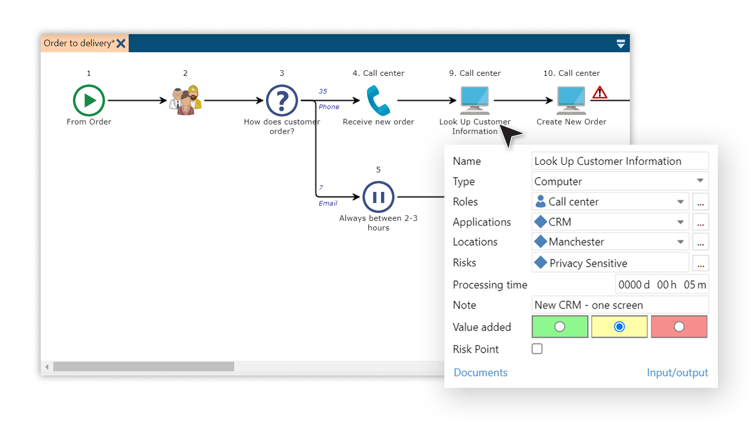 Map your process instantly with the drag & drop functionality. Use intuitive icons and add information such as roles, documents, systems, time and costs. This way, anyone can read and understand the process.