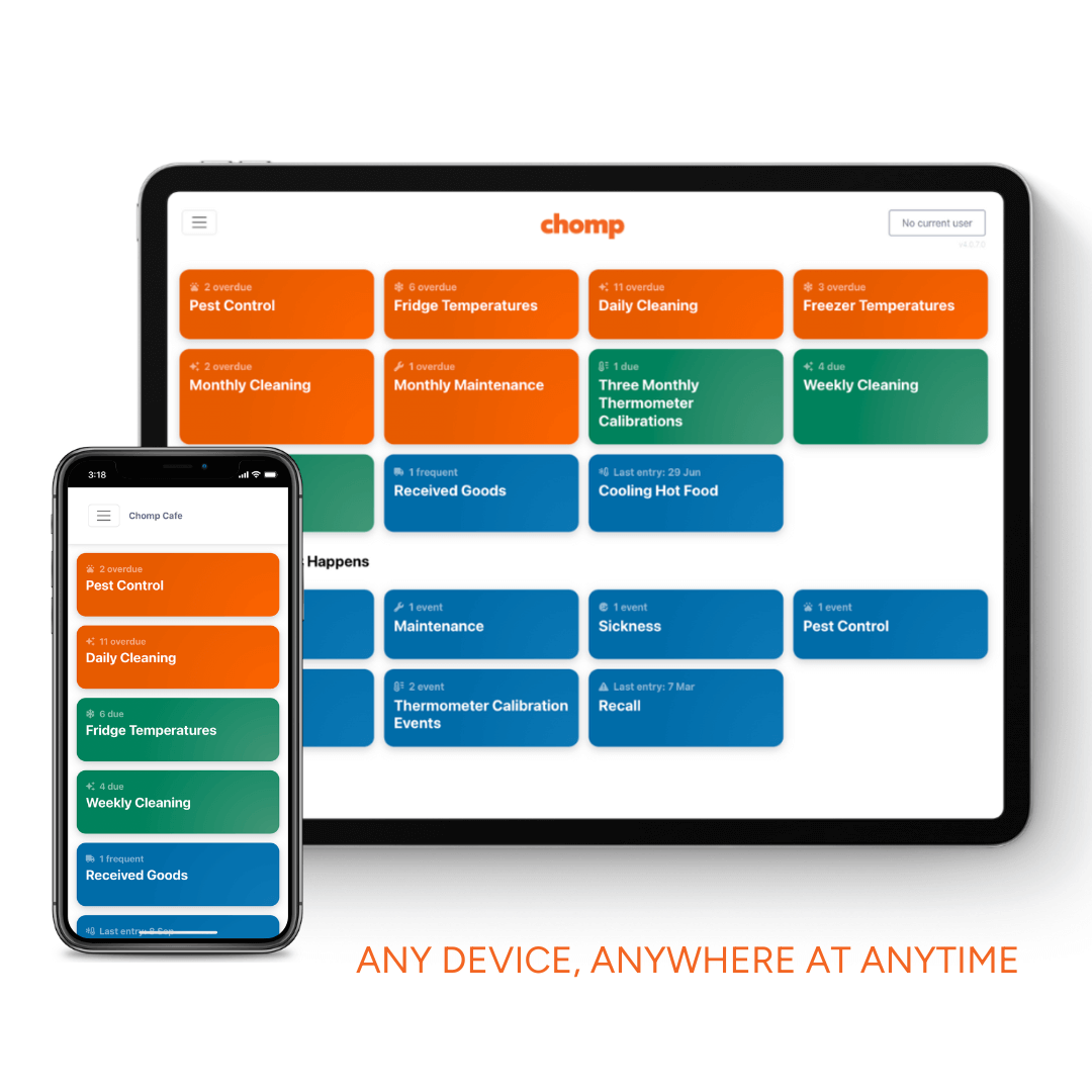 Chomp works seamlessly across all devices updating in real time. It's easy to use, intuitive interface makes it easy to know what to do when, keeping staff engaged and your kitchen compliant.