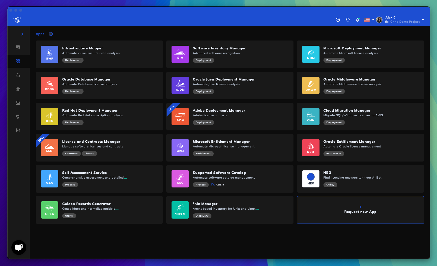 Licenseware screenshot: Licenseware offers a growing library of dedicated apps for license analysis across key software vendors. Each app applies the vendor’s official licensing logic to provide detailed, audit-ready insights.