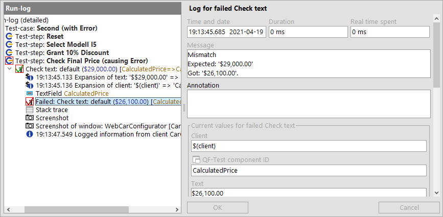 QF-Test Runlog with error. Here you can directly jump to the error. It is highlighted in red.