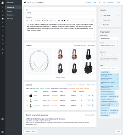 Shopify screenshot: Product page