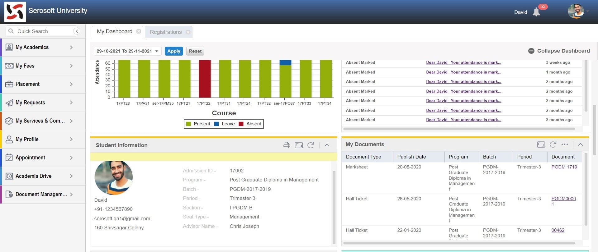 ACADEMIA ERP / SIS Software - Dashboard View for Students
