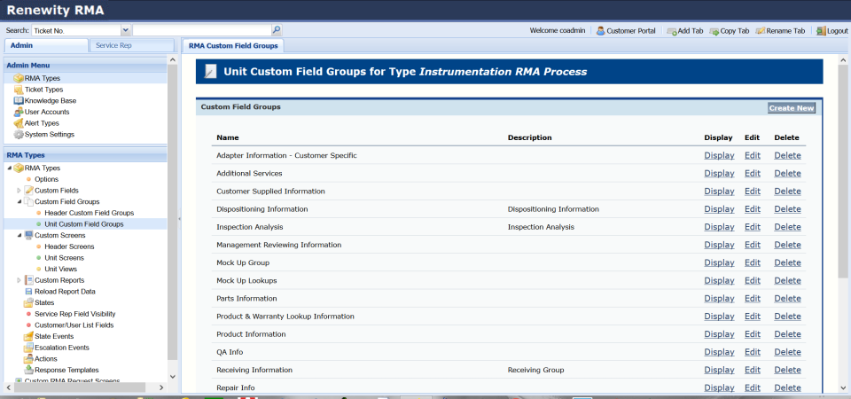 RenewityRMA custom fields