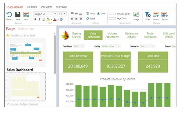 Kepion provides an open canvas arrangement where users can place any filter, forms, charts, graphs, images, workflow indicators, key performance indicators (KPI) into a layout that makes sense for their financial reporting and analysis