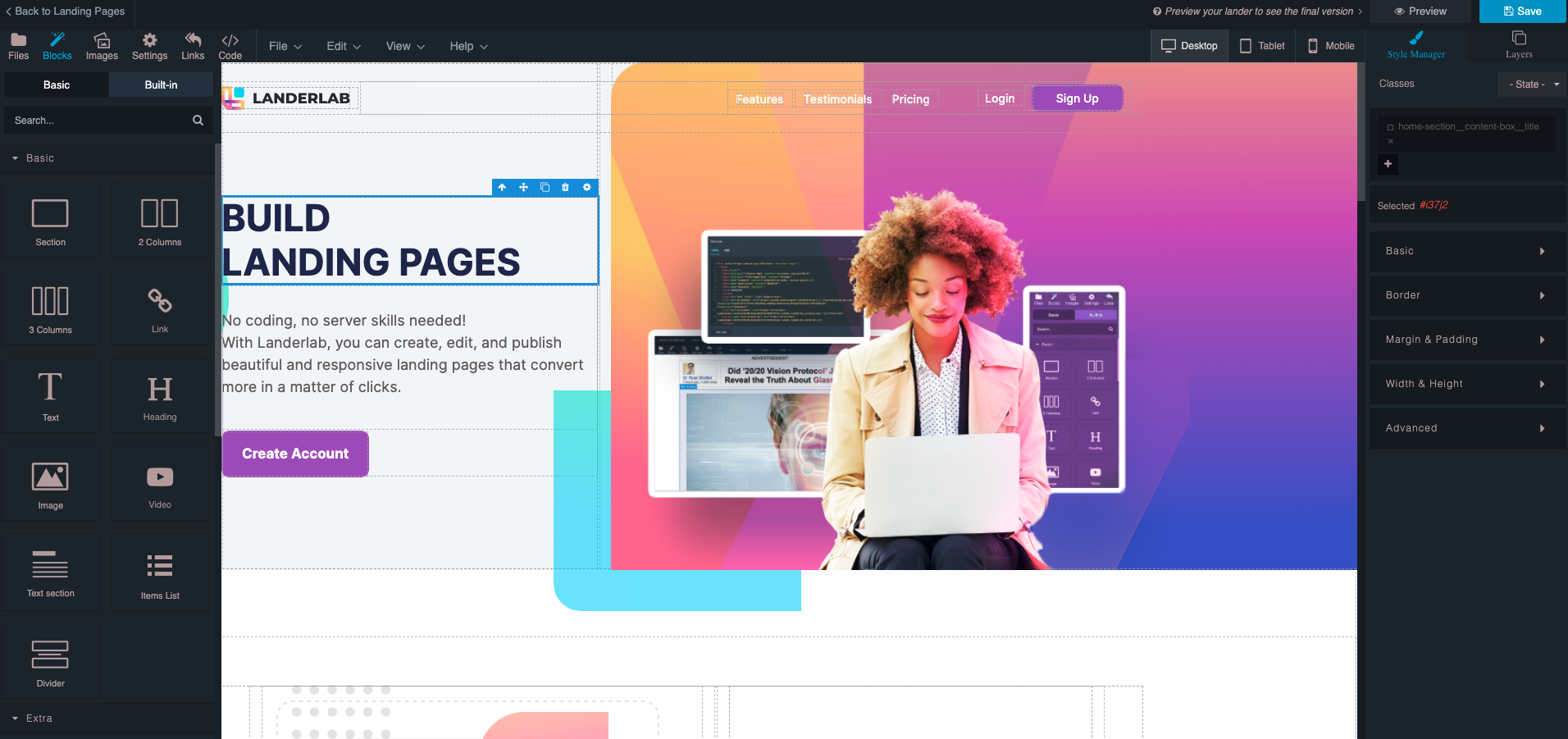 Visual Editor: From the visual editor you can edit text, images, add new blocks, or change the style of your landing page.