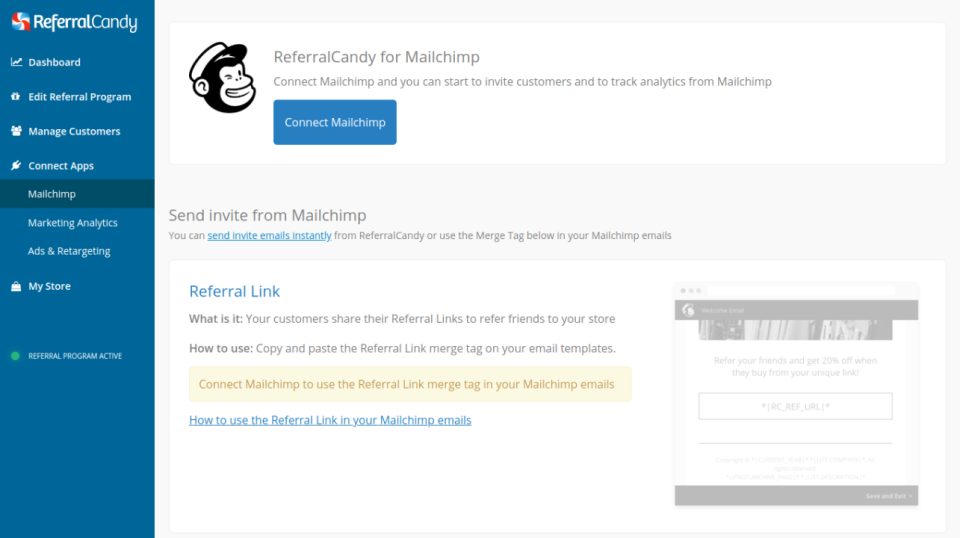 ReferralCandy Mailchimp integration screenshot