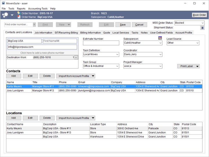 Orders can be created outlining the contact information, job information, billing data, quotes, tasks, notes, and more