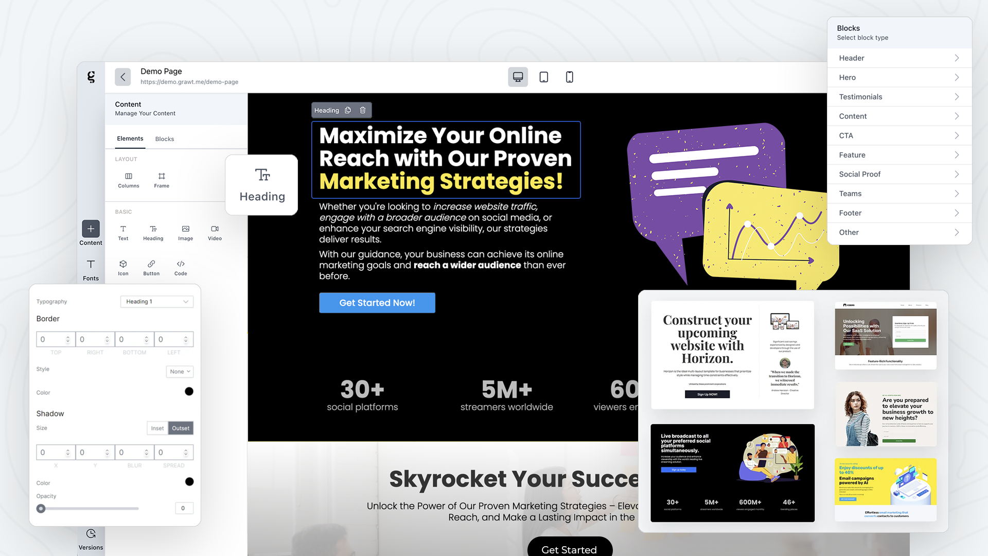 Grawt screenshot: Drag & drop page builder, powerful forms & widgets to capture every lead
