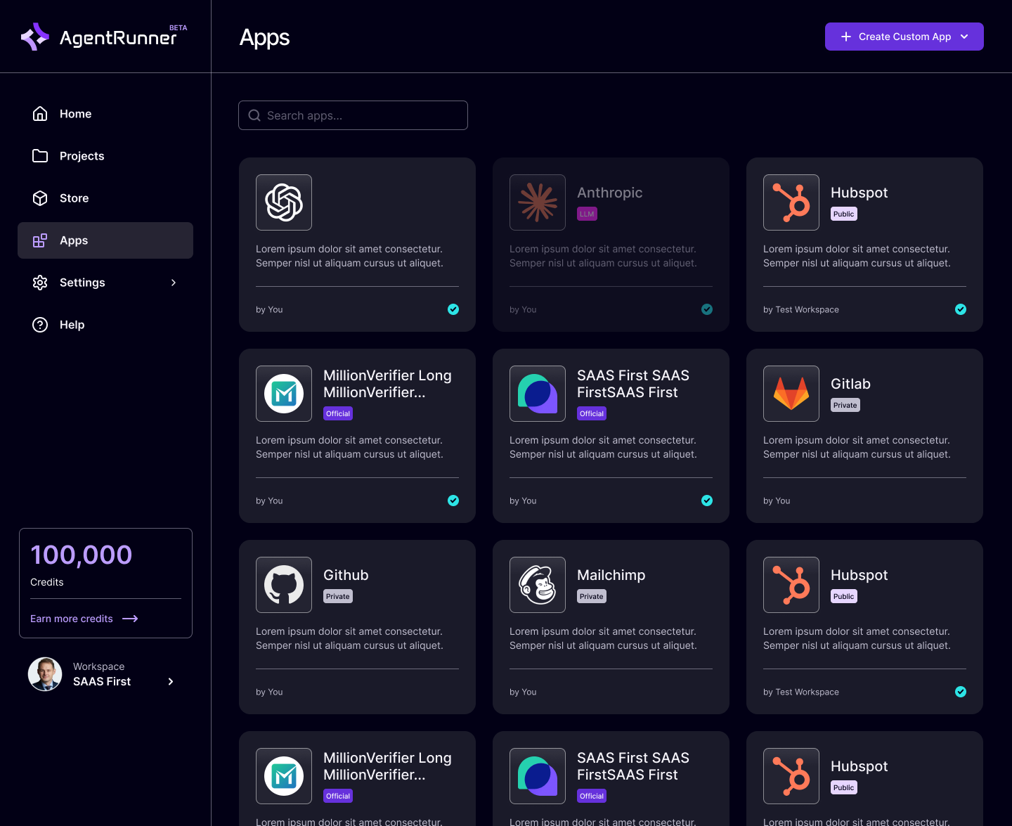 AgentRunner Software - AgentRunner apps view