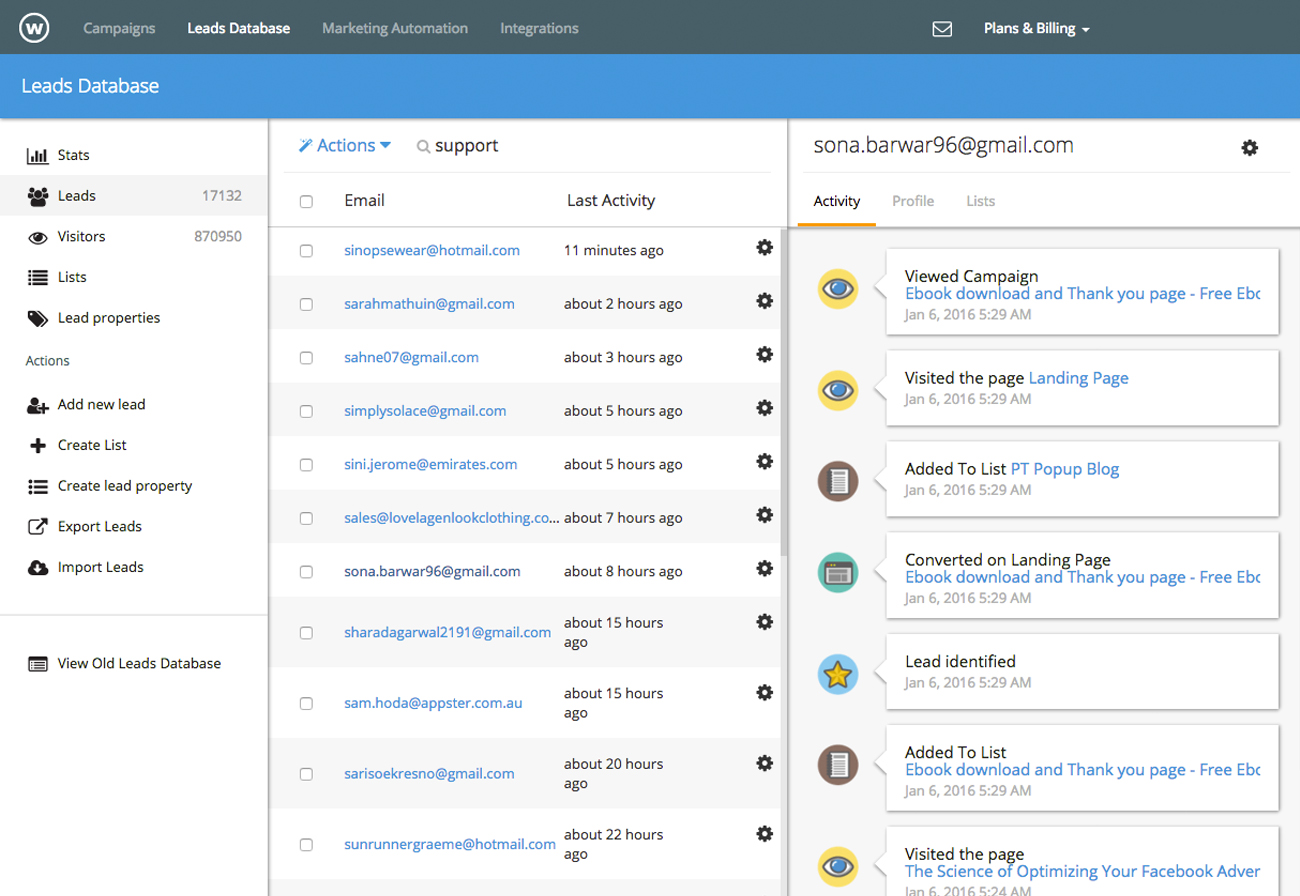 Wishpond Software - Wishpond's lead database includes a detailed activity history