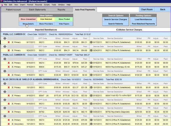 ICANotes Software - ICANotes patitent accont summary with a view of service charges and remmitances