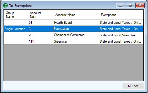 Tax Exemption Dashboard: Displays all of the tax exemptions that've been added to customer accounts.