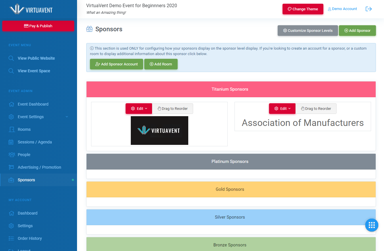 Admin - Manage sponsors here. You can also manage advertising completely separately. Take control of your event.