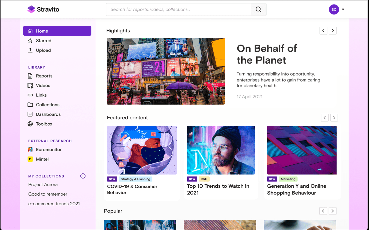 Stravito screenshot: Stravito home