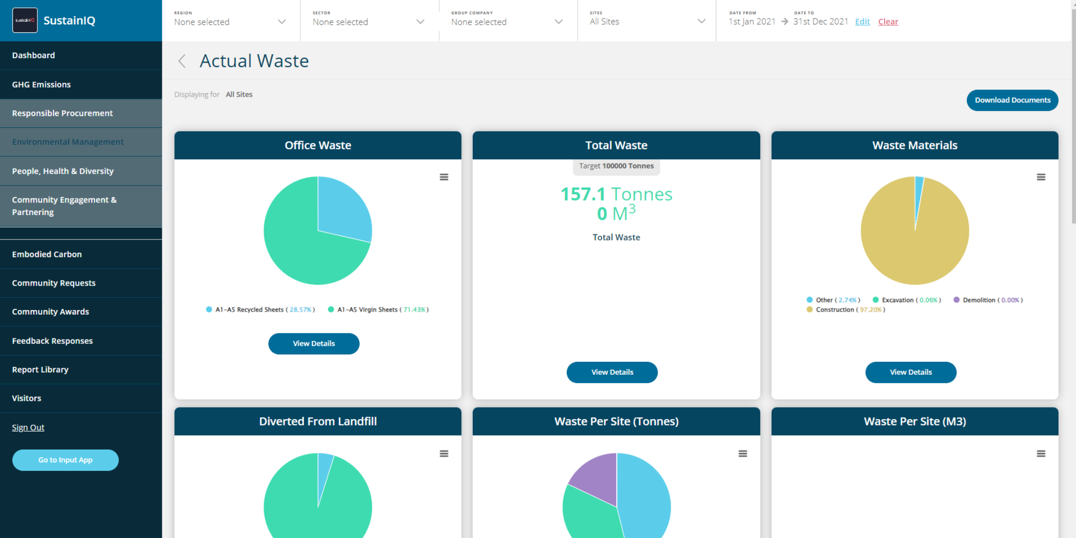 SustainIQ Software - Full waste management reporting including site waste management planning, diversion tracking, material breakdowns and more. Keep audit trails with waste transfer notes (WTNs) held centrally in one location.