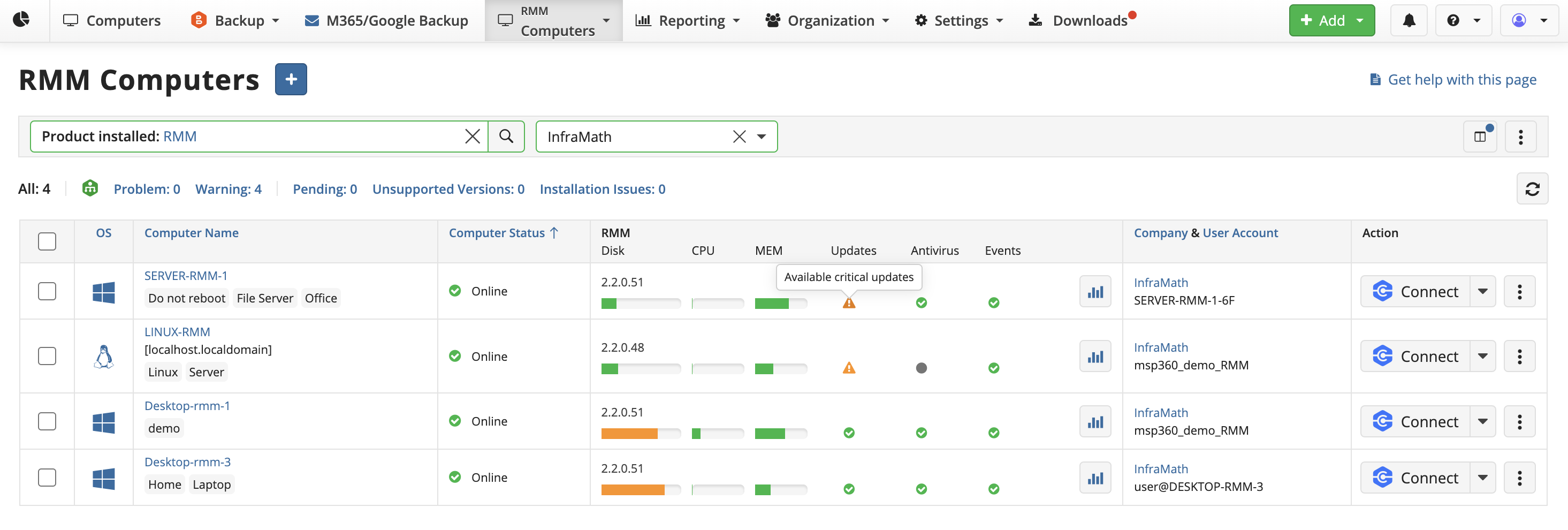 MSP360 RMM screenshot: MSP360 RMM, Computers Page