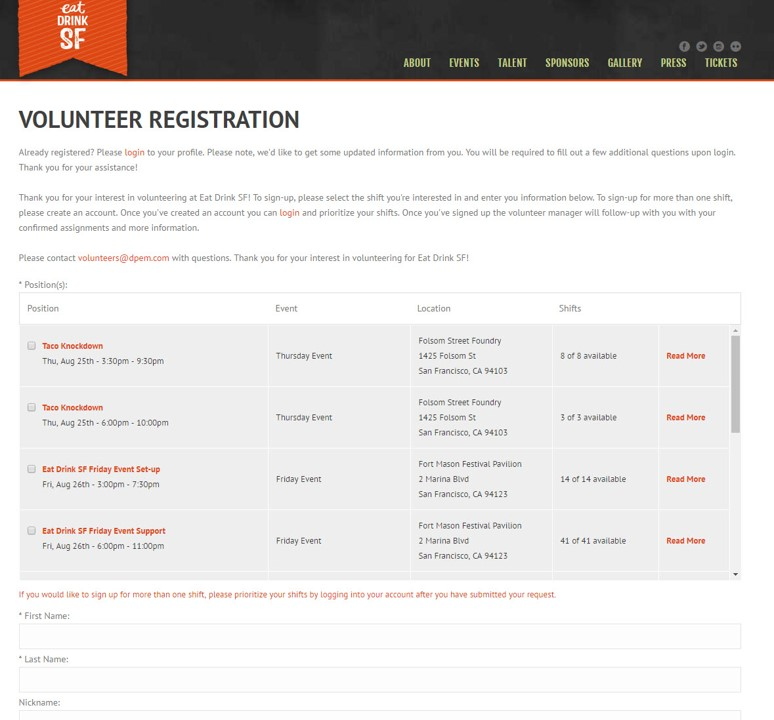 Volunteer registration with positions, locations, shifts, amounts and descriptions.