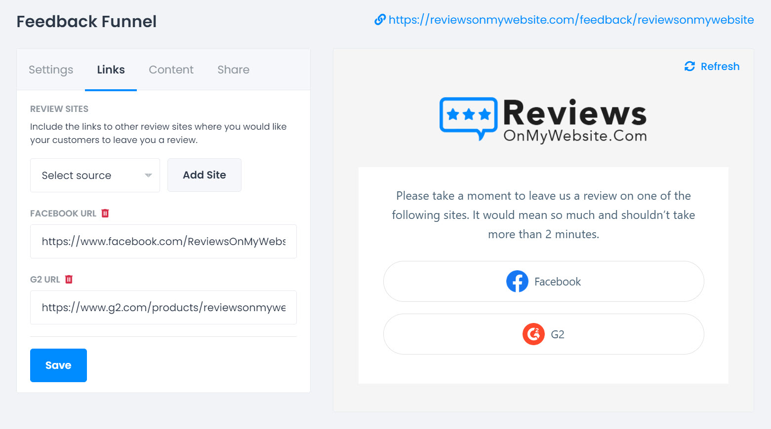 Feedback page to help collect customer reviews