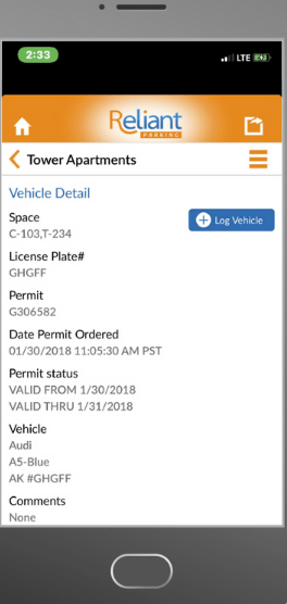 Reliant Parking vehicle details
