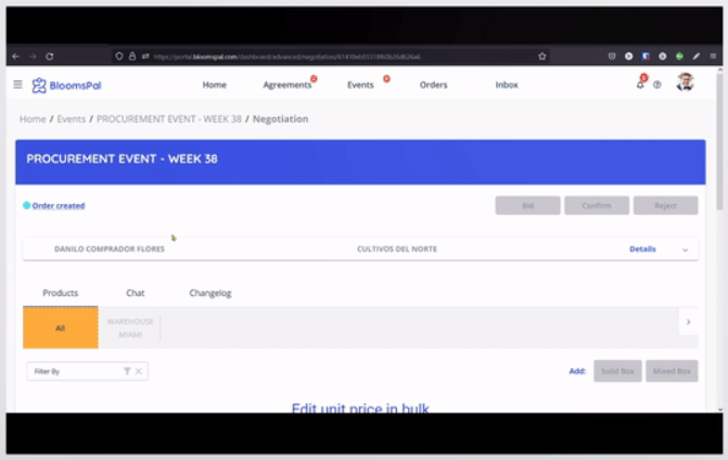 BloomsPal screenshot: BloomsPal Market Network procurement event creation