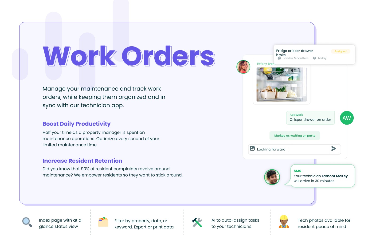 AppWork screenshot: Create, assign, and track work orders easily from any device, anywhere. The cloud-based data automatically syncs the mobile technician app with our admin portal.