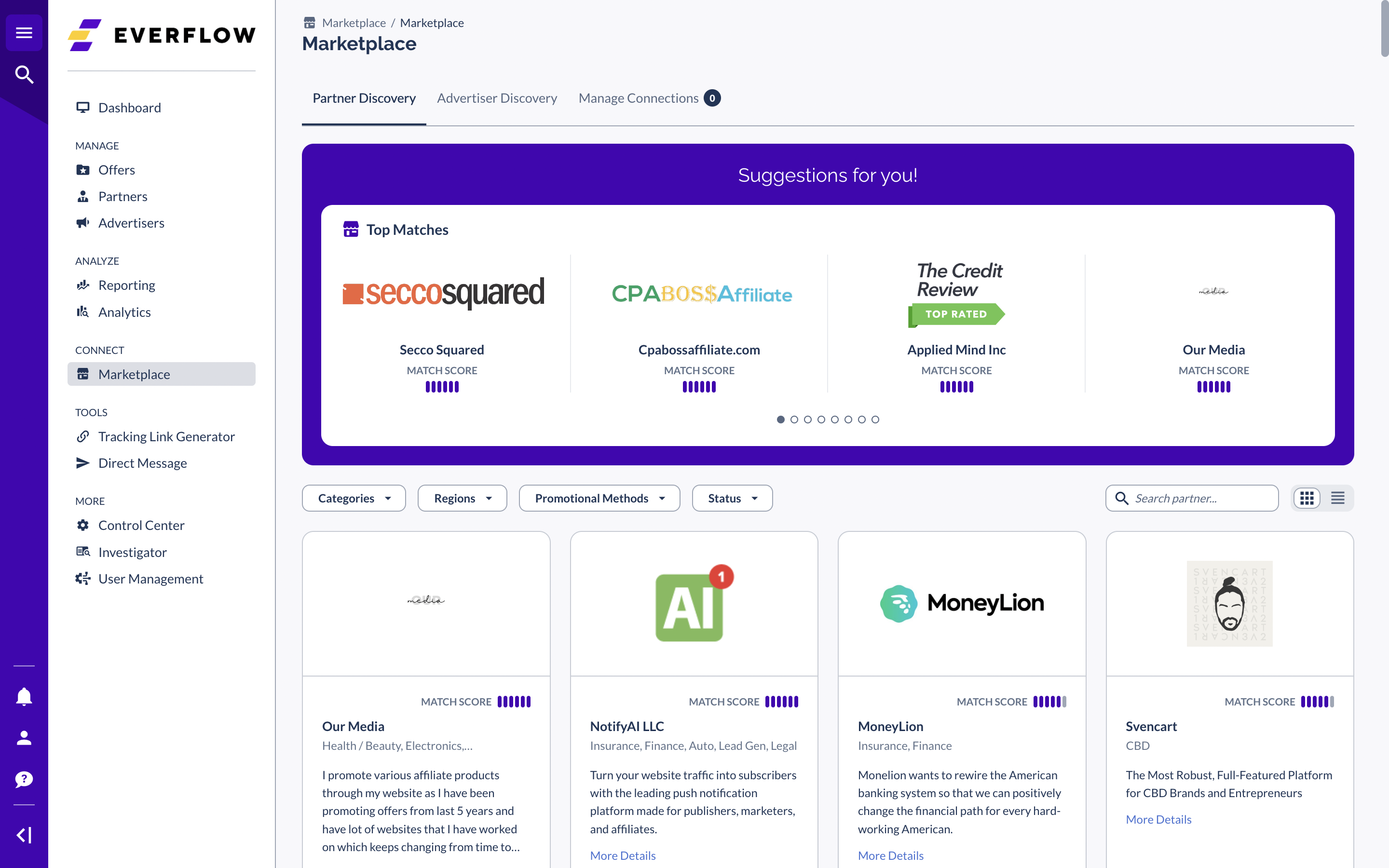 Everflow Software - Use the EverXChange marketplace to discover new publishers that have been curated for their ability to deliver scale, quality, and traffic from specific promotional channels.