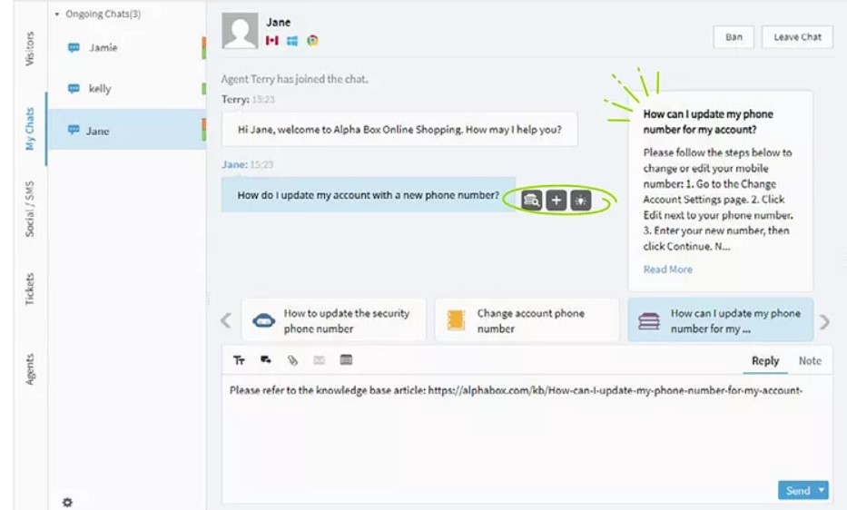 AtomX Live Chat screenshot: Integrated intelligent chatbot can take full control of conversations from live agents at any time  Agents assist acts as an AI powered virtual assistant to suggest the most relevant answers using canned messages.