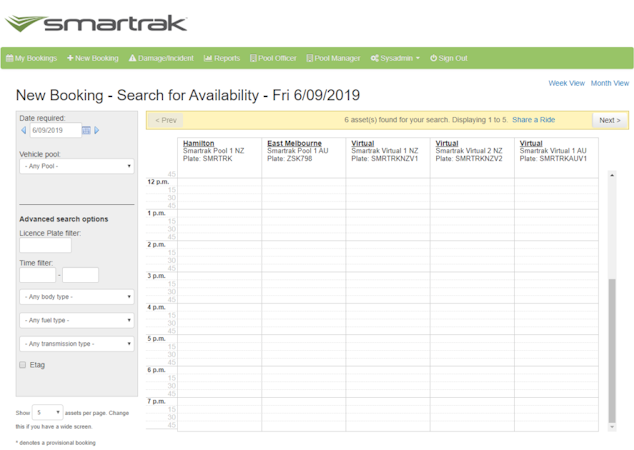 Smartrak screenshot: Smartrak motor pool reservation system